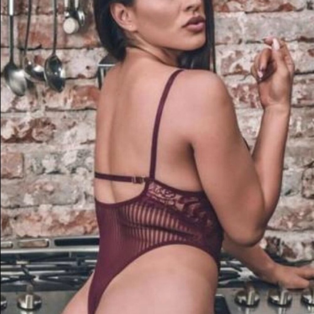 Purple Sheer Lace Mesh Bodysuit One-Piece High Cut Thong NWT - Picture 6 of 6